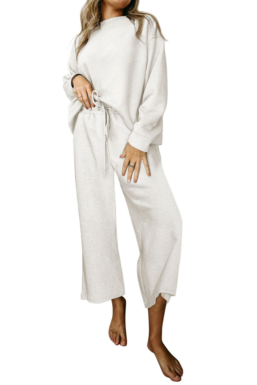 Black Textured Loose Slouchy Long Sleeve Top and Pants Set