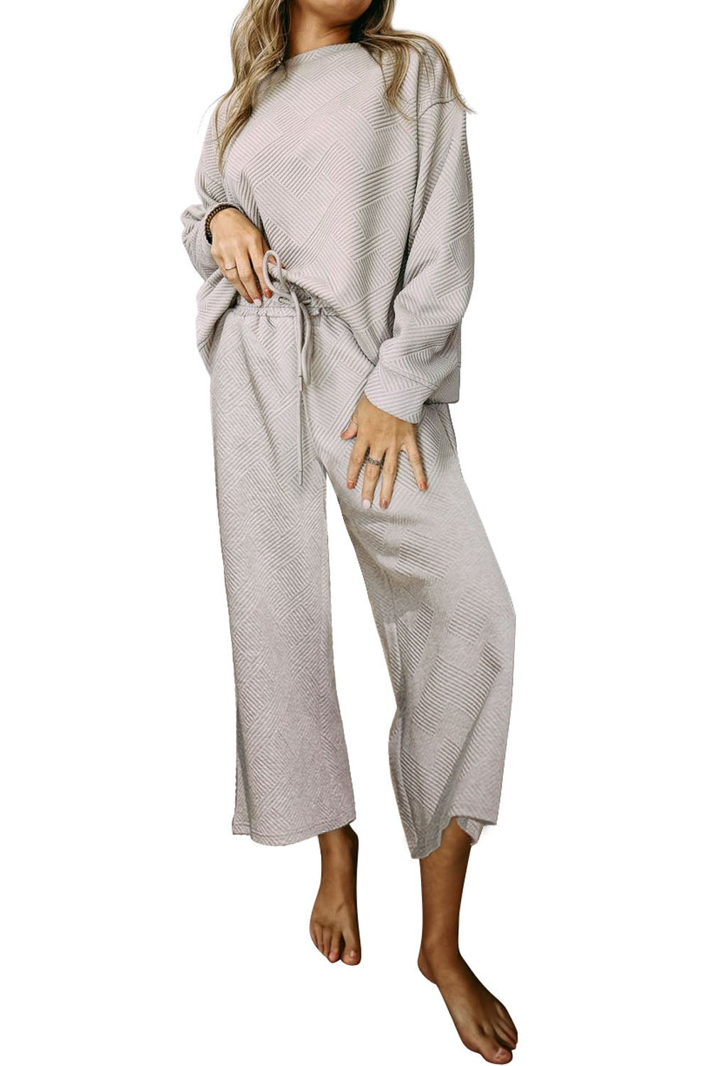 Black Textured Loose Slouchy Long Sleeve Top and Pants Set