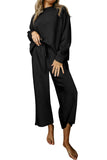 Black Textured Loose Slouchy Long Sleeve Top and Pants Set