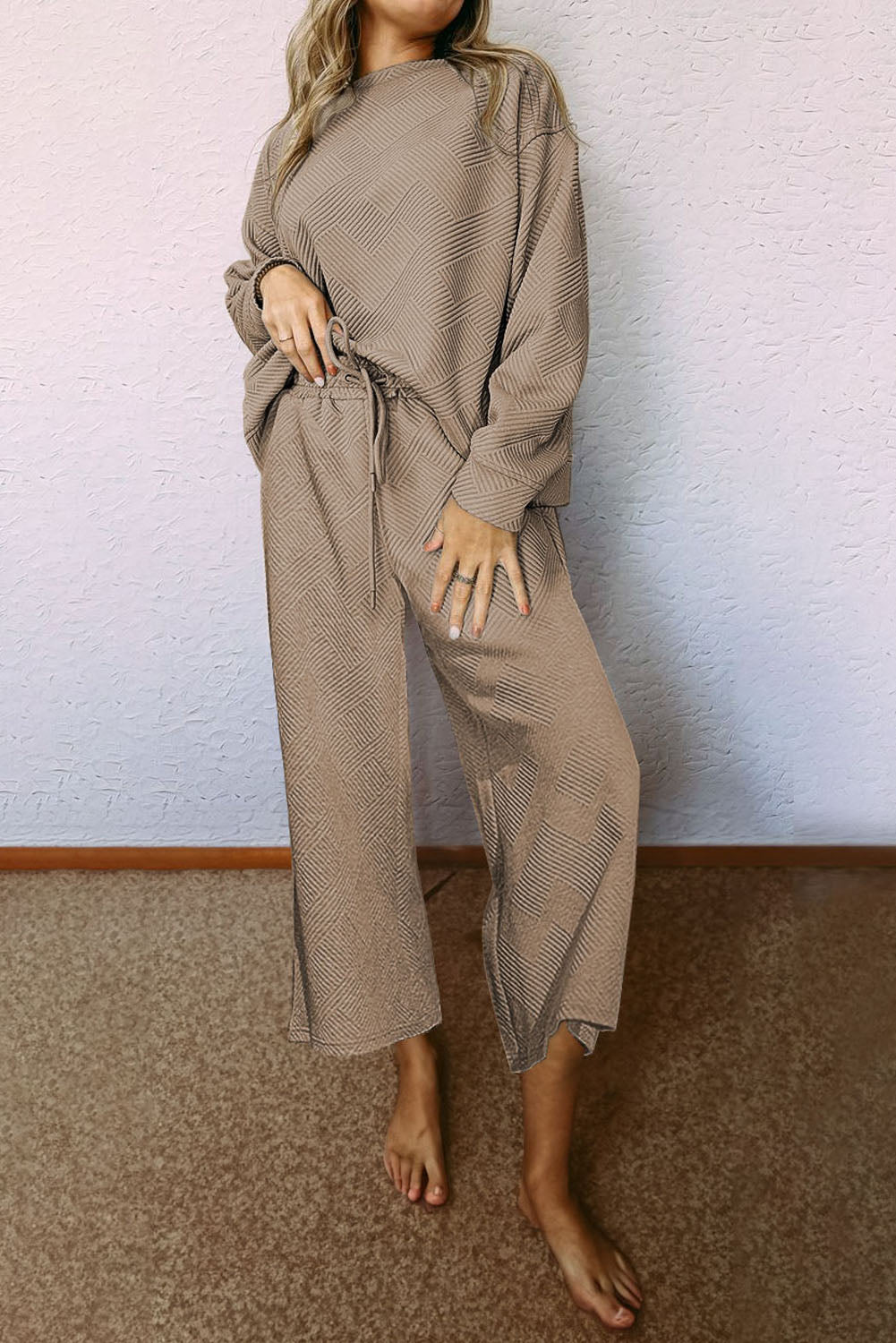 Black Textured Loose Slouchy Long Sleeve Top and Pants Set