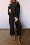 Black Textured Loose Slouchy Long Sleeve Top and Pants Set