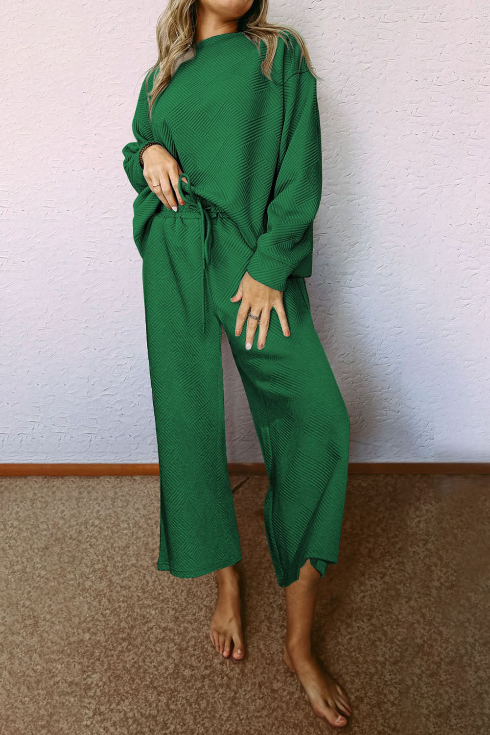Black Textured Loose Slouchy Long Sleeve Top and Pants Set