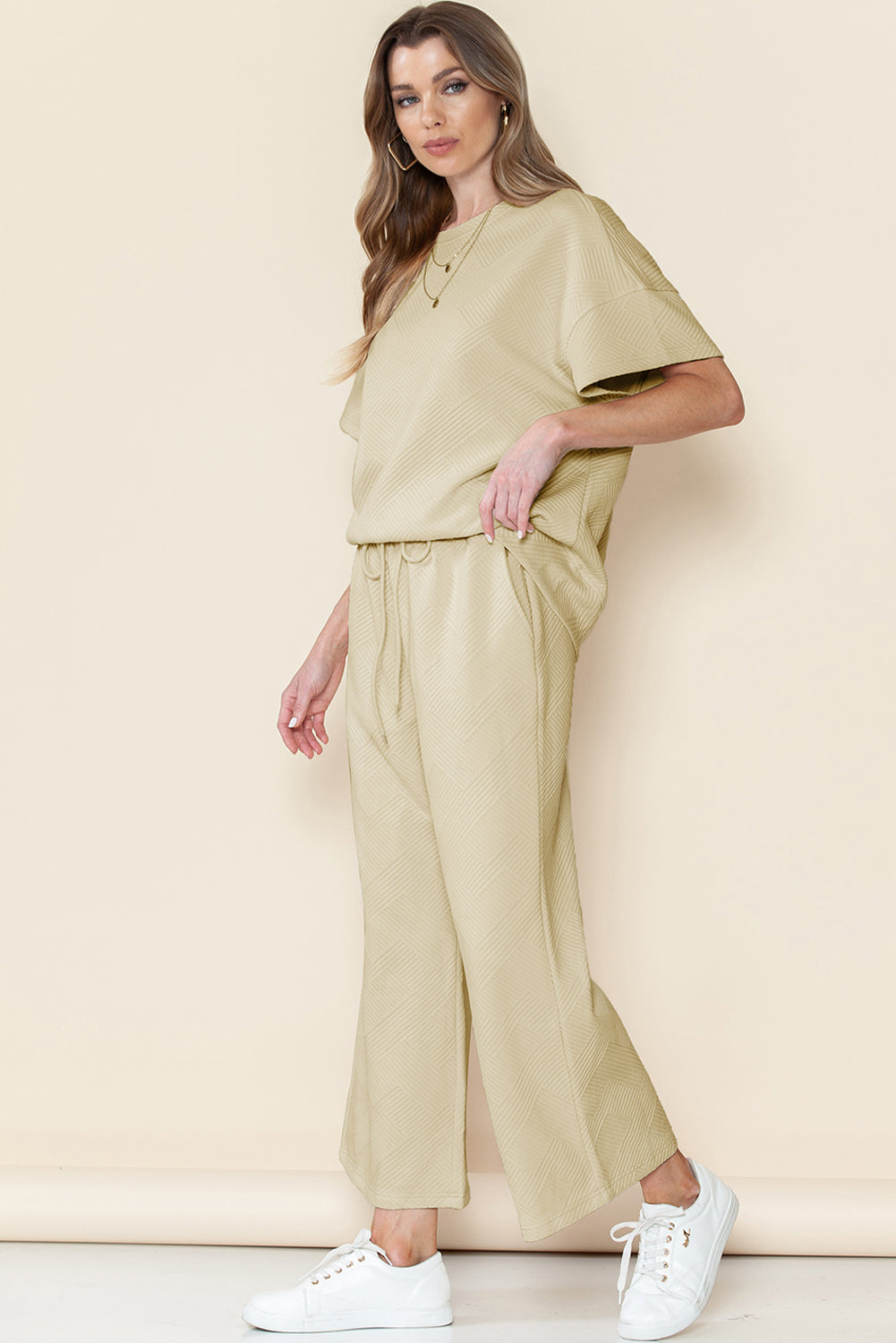 Gray Textured Loose Fit T Shirt & Drawstring Pants Set