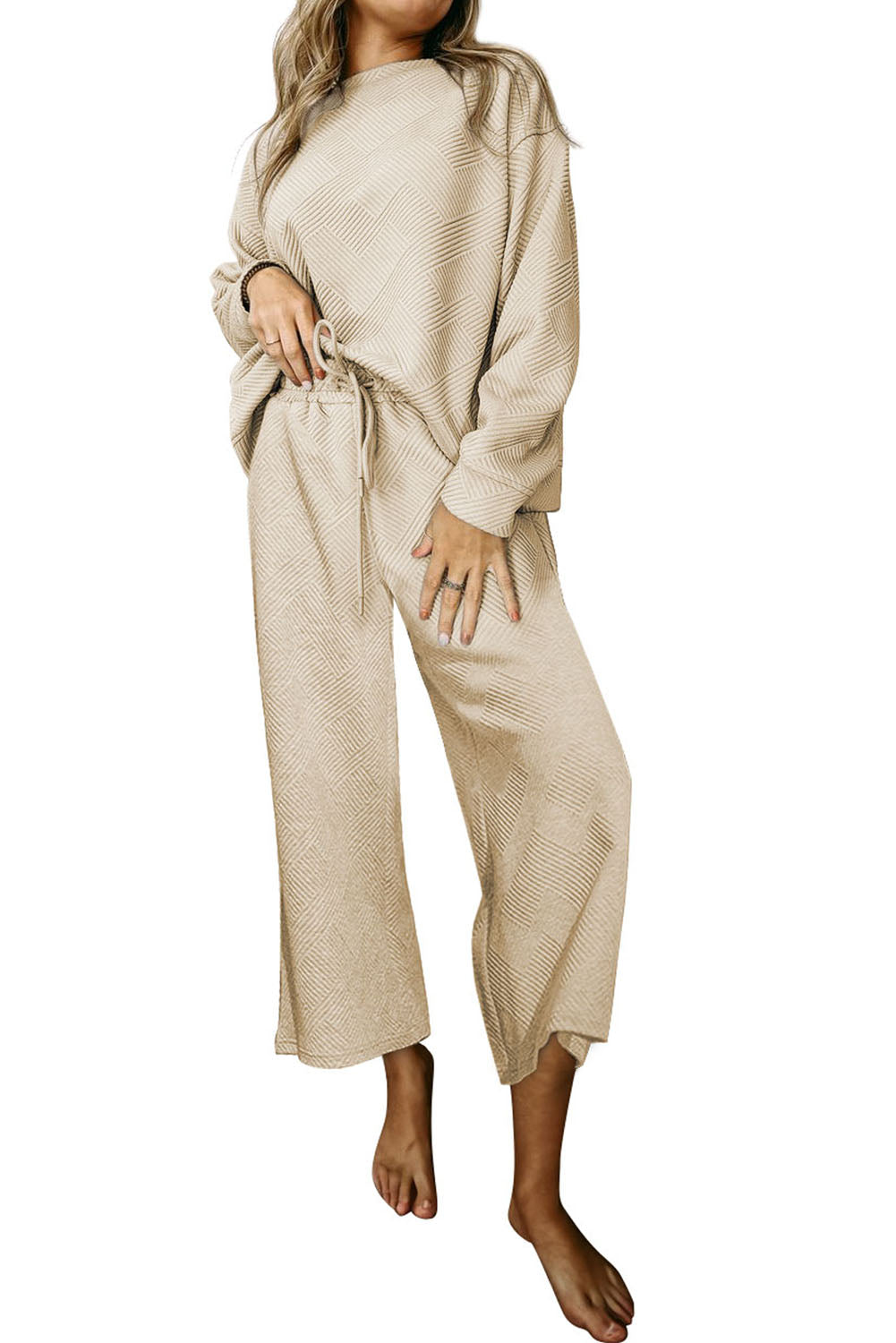 Black Textured Loose Slouchy Long Sleeve Top and Pants Set