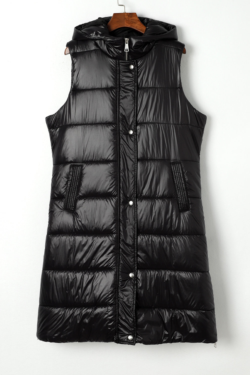 Brown Hooded Pocketed Quilted Long Vest Coat