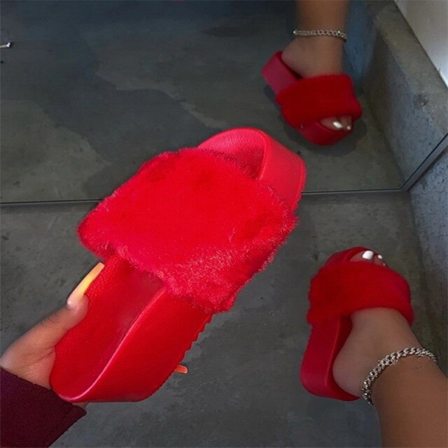 Flat slippers Fur Slides Fluffy Women