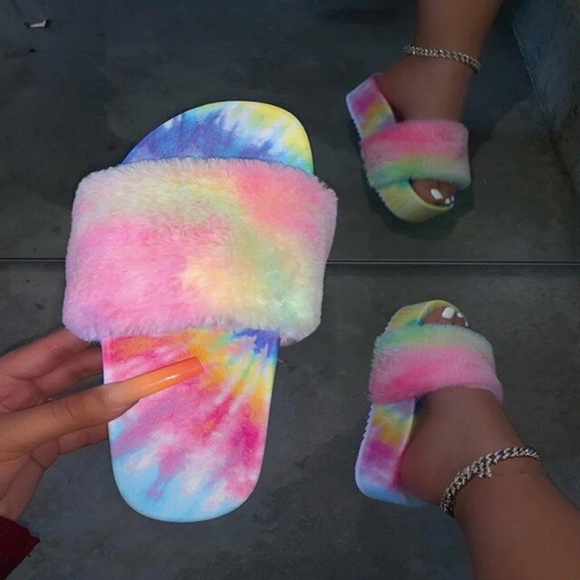Flat slippers Fur Slides Fluffy Women