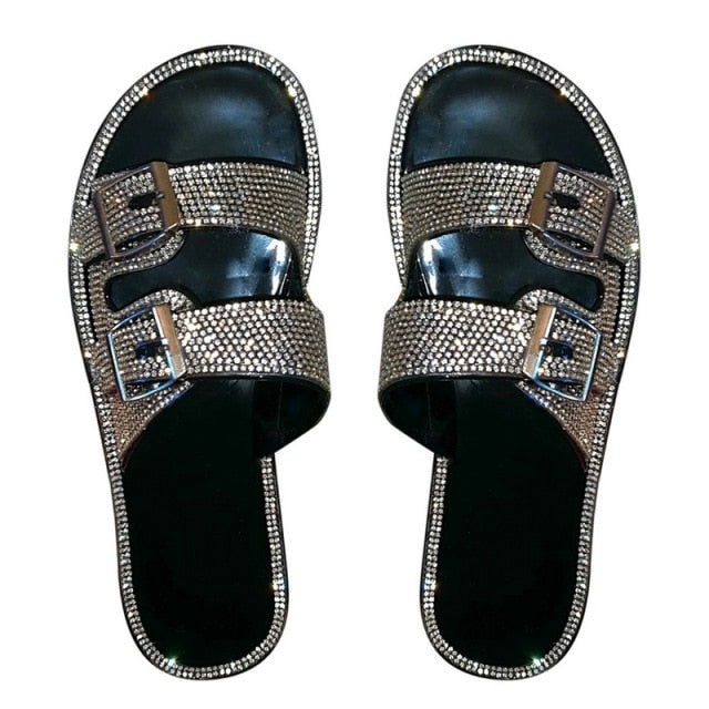 Women Slippers Rhinestone Solid Buckles Sandals