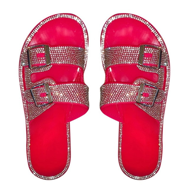Women Slippers Rhinestone Solid Buckles Sandals