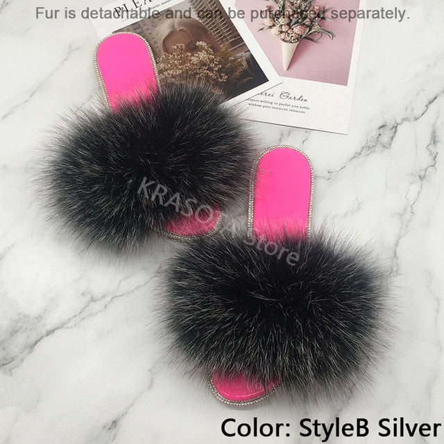Summer Women's Slippers Indoor Fluffy Furry Slippers With Fur Removable