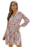 Multicolor Floral Print Split V Neck Long Sleeve Tunic Dress