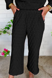 Dark Grey Solid Color Quilted Long Sleeve Top and Wide Leg Pants Set