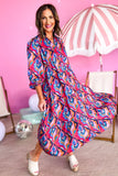 Multicolor Abstract Geometric Print Notch Neck Tiered Boho Dress