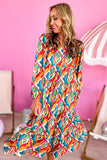 Multicolor Abstract Geometric Print Notch Neck Tiered Boho Dress