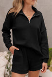 Black Ribbed Zipper Sweatshirt & High Waist Shorts Set