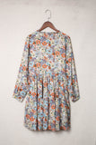 Multicolor Floral Print Split V Neck Long Sleeve Tunic Dress