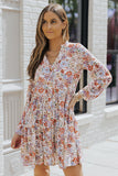 Multicolor Floral Print Split V Neck Long Sleeve Tunic Dress