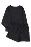 Black Textured Long Sleeve Top & Drawstring Shorts Set