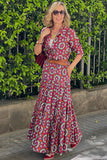 Red Floral Print Long Sleeve Shirt Bodice Flared Maxi Dress