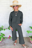 Dark Grey Solid Color Quilted Long Sleeve Top and Wide Leg Pants Set