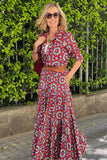 Red Floral Print Long Sleeve Shirt Bodice Flared Maxi Dress