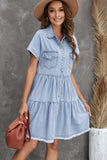 Blue Button Up Short Sleeve Denim Shirt Dress