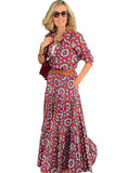 Red Floral Print Long Sleeve Shirt Bodice Flared Maxi Dress