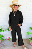 Dark Grey Solid Color Quilted Long Sleeve Top and Wide Leg Pants Set