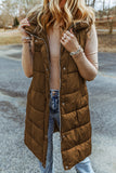 Brown Hooded Pocketed Quilted Long Vest Coat