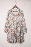 Multicolor Floral Print Split V Neck Long Sleeve Tunic Dress