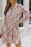 Multicolor Floral Print Split V Neck Long Sleeve Tunic Dress