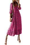 Pink Geometric Print Shirred V Neck High Waist Maxi Dress