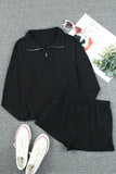 Black Ribbed Zipper Sweatshirt & High Waist Shorts Set