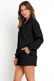 Black Ribbed Zipper Sweatshirt & High Waist Shorts Set