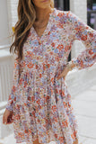 Multicolor Floral Print Split V Neck Long Sleeve Tunic Dress