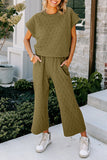 Green Quilted Short Sleeve Top and Wide Leg Pants Set