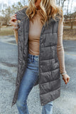 Brown Hooded Pocketed Quilted Long Vest Coat