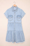 Blue Button Up Short Sleeve Denim Shirt Dress