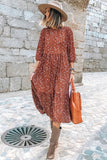 Chestnut Floral Print 3/4 Sleeve Ruffle Hem Midi Dress