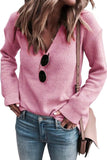 Pink Basic Ribbed Knit V Neck Sweater