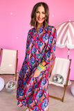 Multicolor Abstract Geometric Print Notch Neck Tiered Boho Dress