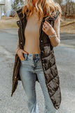 Brown Hooded Pocketed Quilted Long Vest Coat