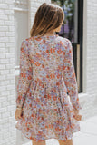 Multicolor Floral Print Split V Neck Long Sleeve Tunic Dress