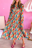 Multicolor Abstract Geometric Print Notch Neck Tiered Boho Dress