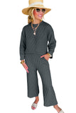 Dark Grey Solid Color Quilted Long Sleeve Top and Wide Leg Pants Set