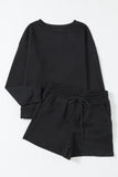 Black Textured Long Sleeve Top & Drawstring Shorts Set