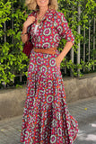 Red Floral Print Long Sleeve Shirt Bodice Flared Maxi Dress