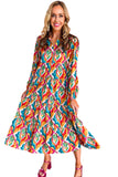 Multicolor Abstract Geometric Print Notch Neck Tiered Boho Dress