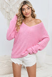 Pink Basic Ribbed Knit V Neck Sweater