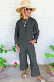 Dark Grey Solid Color Quilted Long Sleeve Top and Wide Leg Pants Set